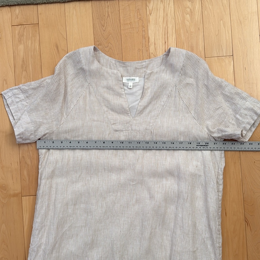 Striped Tan and White Linen Caftan, lined in cotton - Picture 5 of 10